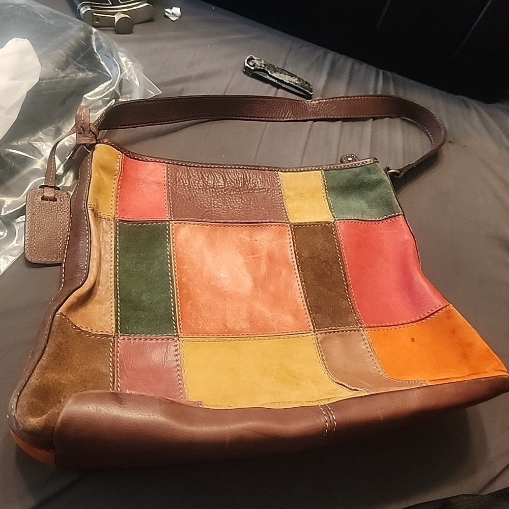 Fossil Multicolor Patchwork Leather Shoulder Bag with Brown Trim